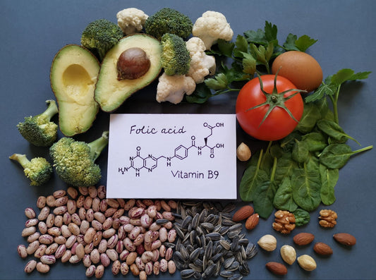A white card with the chemical formula strain of folic acid surrounded by nutritious foods