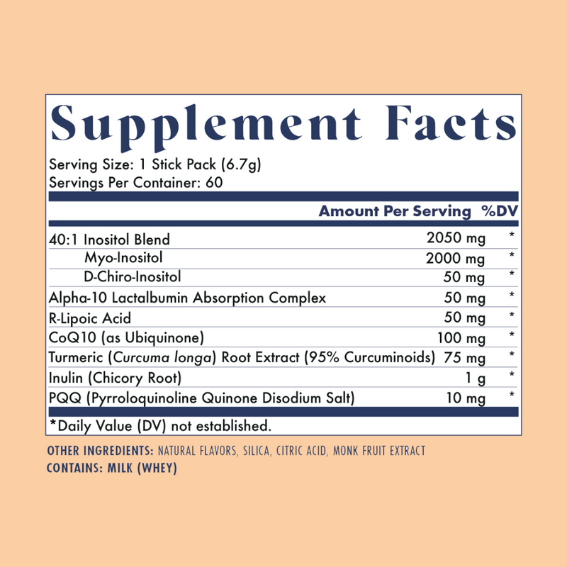 Product Label:  Alpha Inositol+ Stick Packs Supplement facts and ingredients for 