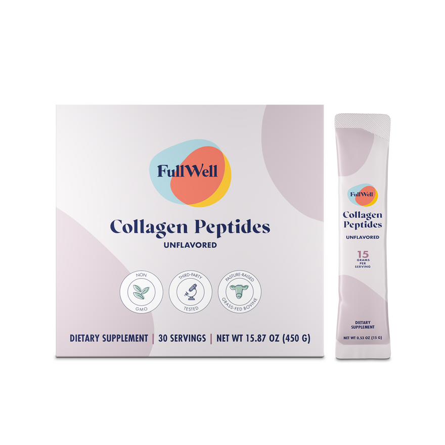 FullWell Unflavored Collagen Peptides box (30 servings, 15.87 oz) with a single-serve stick pack. Non-GMO, third-party tested, pasture-raised grass-fed bovine