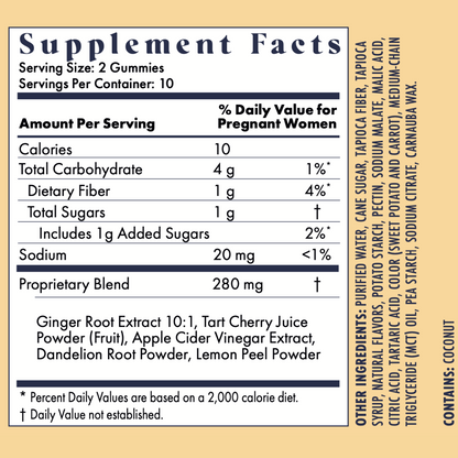 Purified water, cane sugar, tapioca fiber, tapioca syrup, natural flavors, potato starch, pectin, sodium malate, malic acid, citric acid, tartaric acid, color (sweet potato and carrot), medium-chain triglyceride (MCT) oil, pea starch, sodium citrate, carnauba wax Contains: Coconut