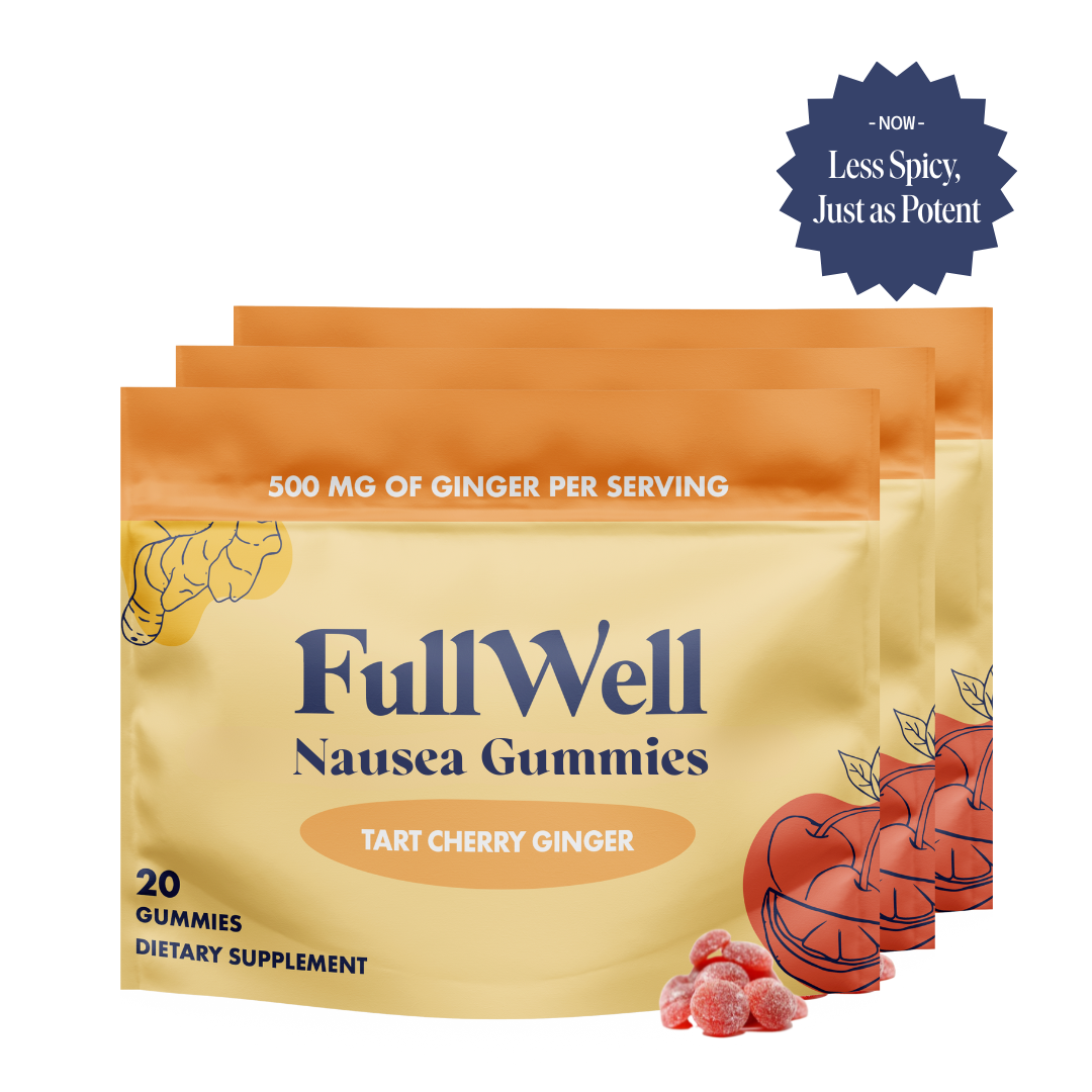 Three packages of FullWell Nausea Gummies with tart cherry ginger flavor on a white background.