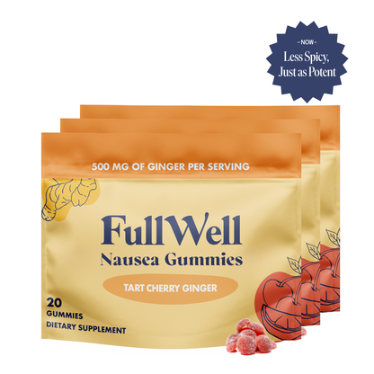 Three packages of FullWell Nausea Gummies with tart cherry ginger flavor on a white background.