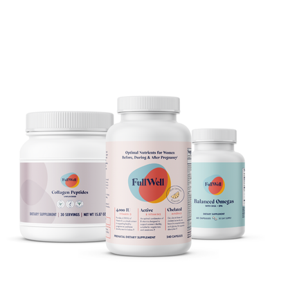 FullWell Collagen Peptides Unflavored 30 servings, Lemon Essence Prenatal Multivitamin 240 capsules, and Balanced Omegas DHA + EPA 60 capsules bottles